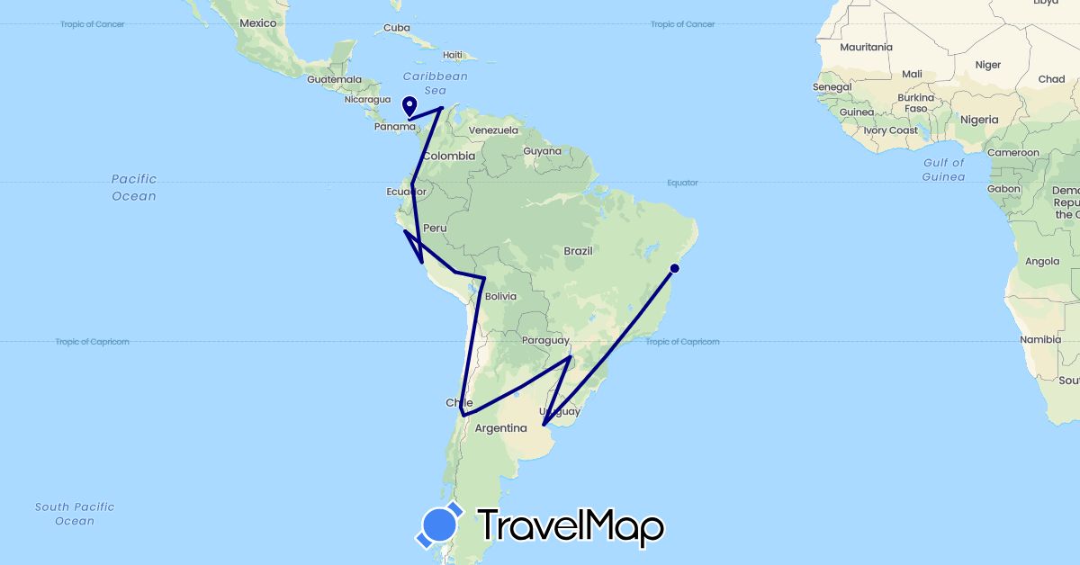 TravelMap itinerary: driving in Argentina, Bolivia, Brazil, Chile, Colombia, Ecuador, Panama, Peru (North America, South America)